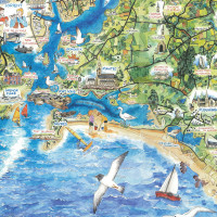 AFFICHE - Carte illustrée à l'aquarelle, Lorient et la Ria d'Étel (60 x 96 cm)