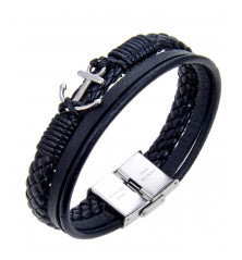 BRACELET ANCRE MARINE - Cuir noir